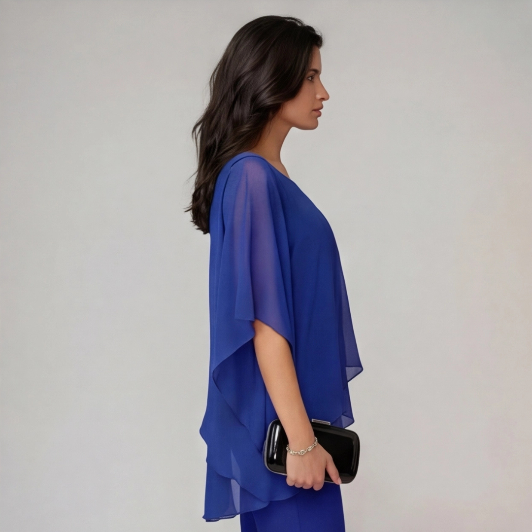 Ensemble Mariella bleu, top voilé superposé, vue de profil gauche