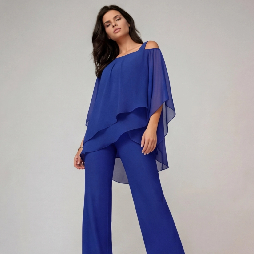 Ensemble femme bleu roi, dos du top voilé et jambe large pantalon