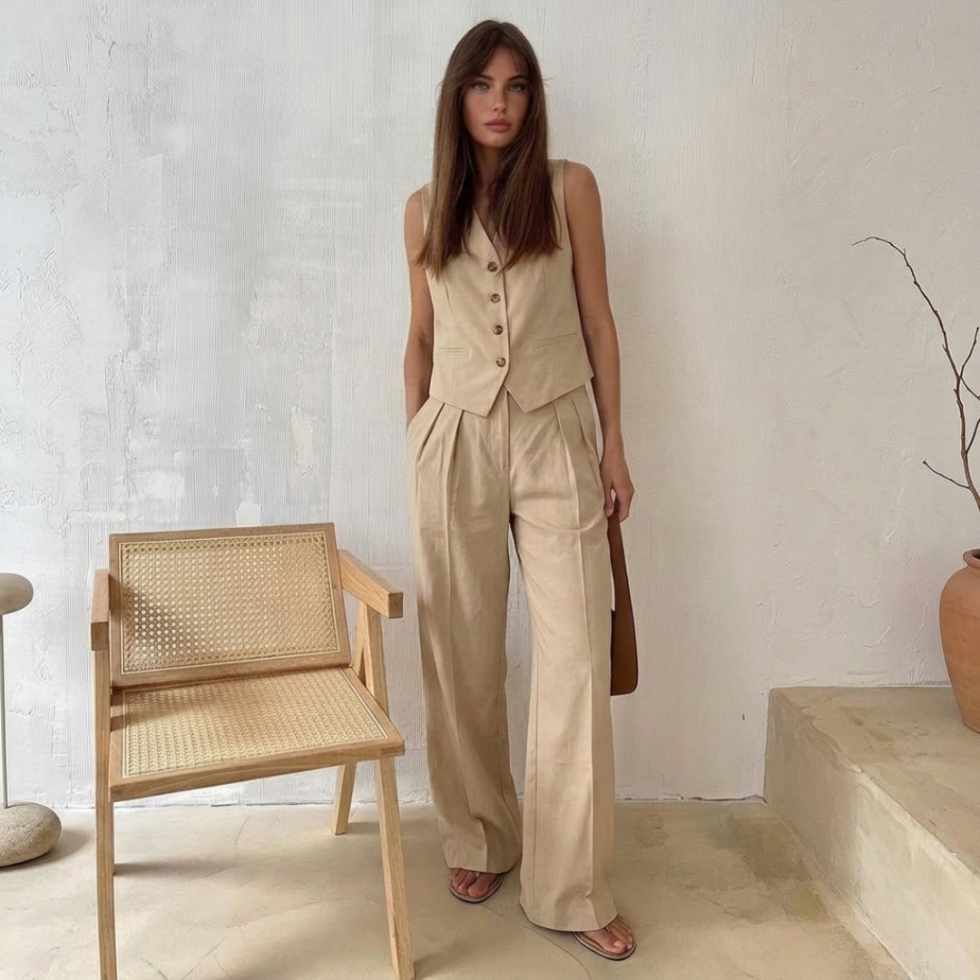 Ensemble deux pièces femme coloris beige gilet et pantalon large