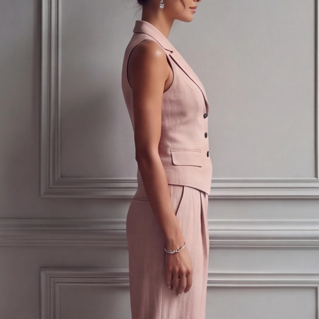 Ensemble femme rose gilet dos-nu boutonnage et pantalon fluide, vue de dos