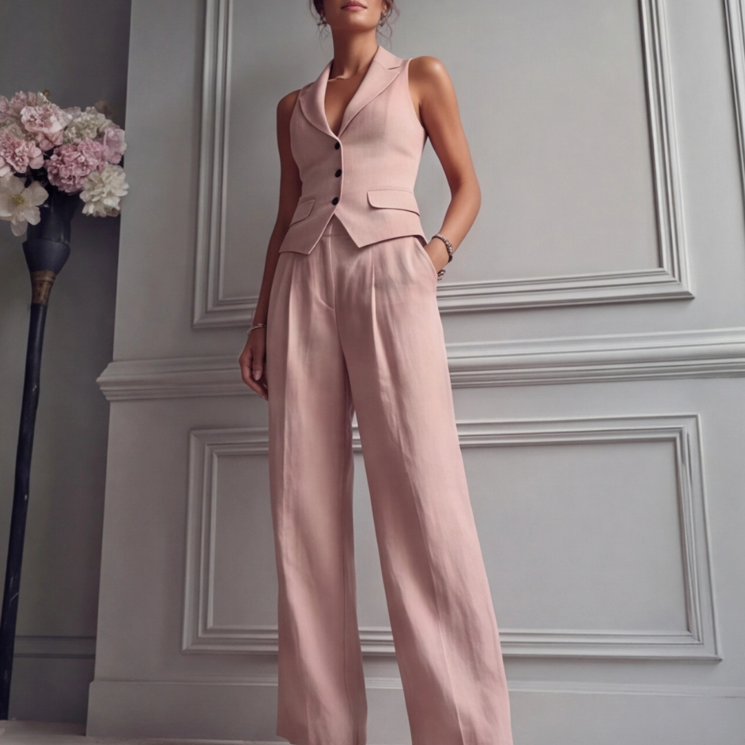 Ensemble coordonné femme rose gilet ajusté et pantalon large, vue de face