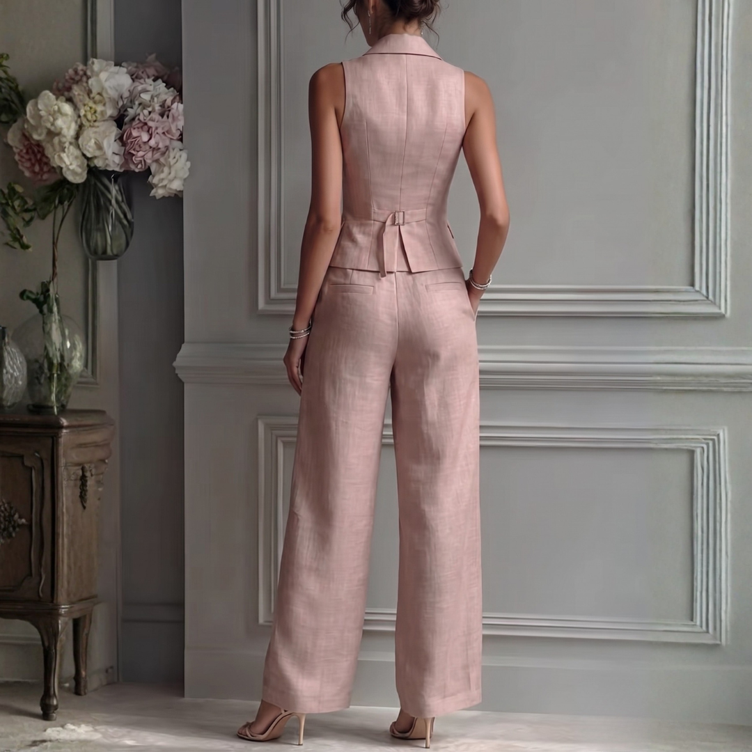 Ensemble deux pièces rose gilet col V et pantalon taille haute, vue de profil
