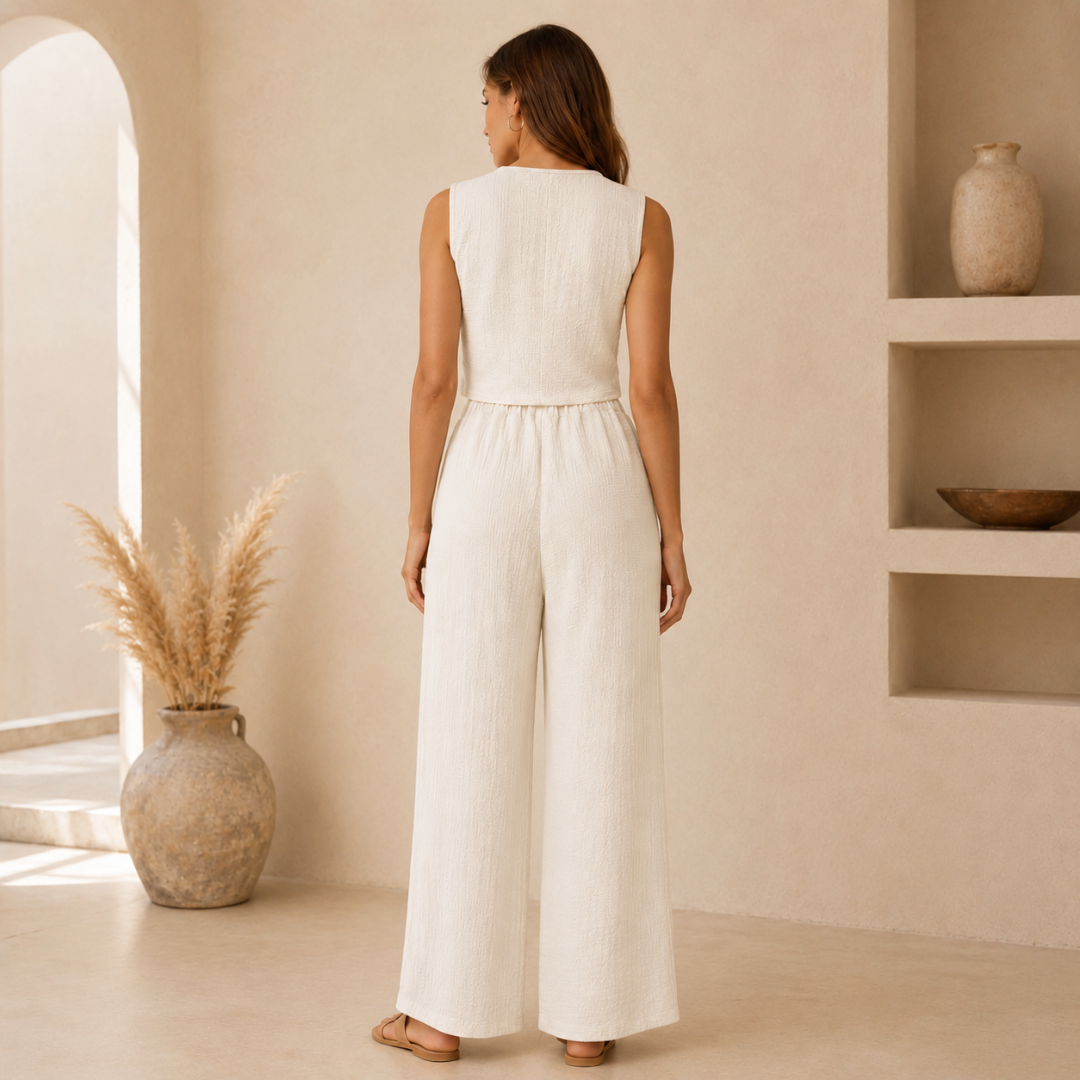 Ensemble femme écru vu de dos, gilet sans manches et pantalon ample