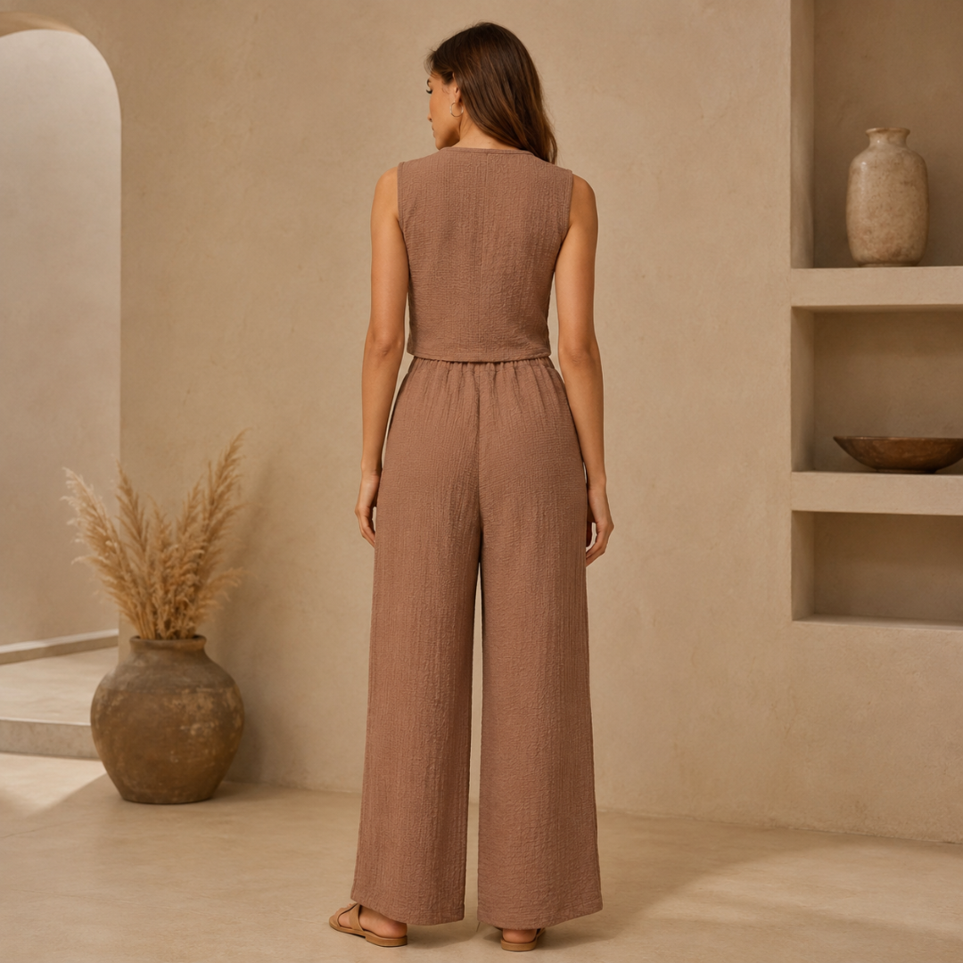 Ensemble femme marron vu de dos, gilet sans manches et pantalon ample