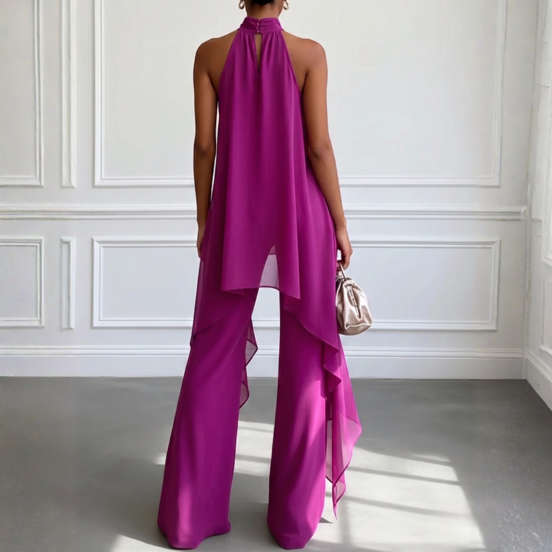 Détail bas de l'ensemble Axelle violet pantalon large et ourlet voilé