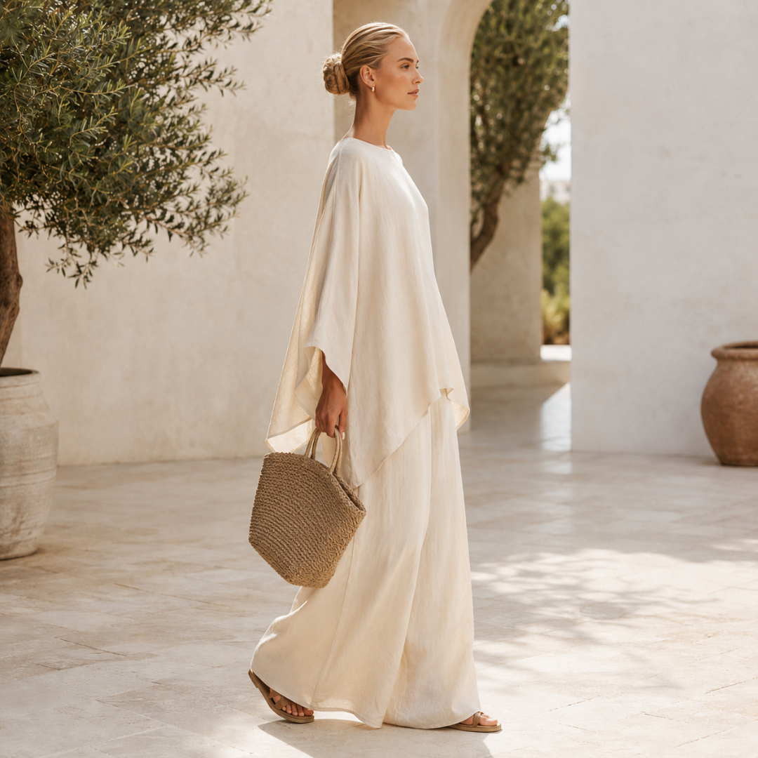 Vue rapprochée ensemble kaki avec sac en paille et cape ample manches longues