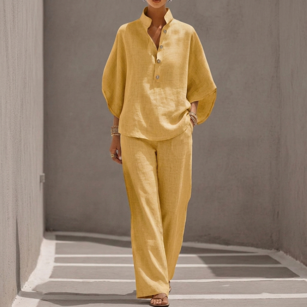 Ensemble deux pièces femme jaune, coupe ample en tissu naturel léger