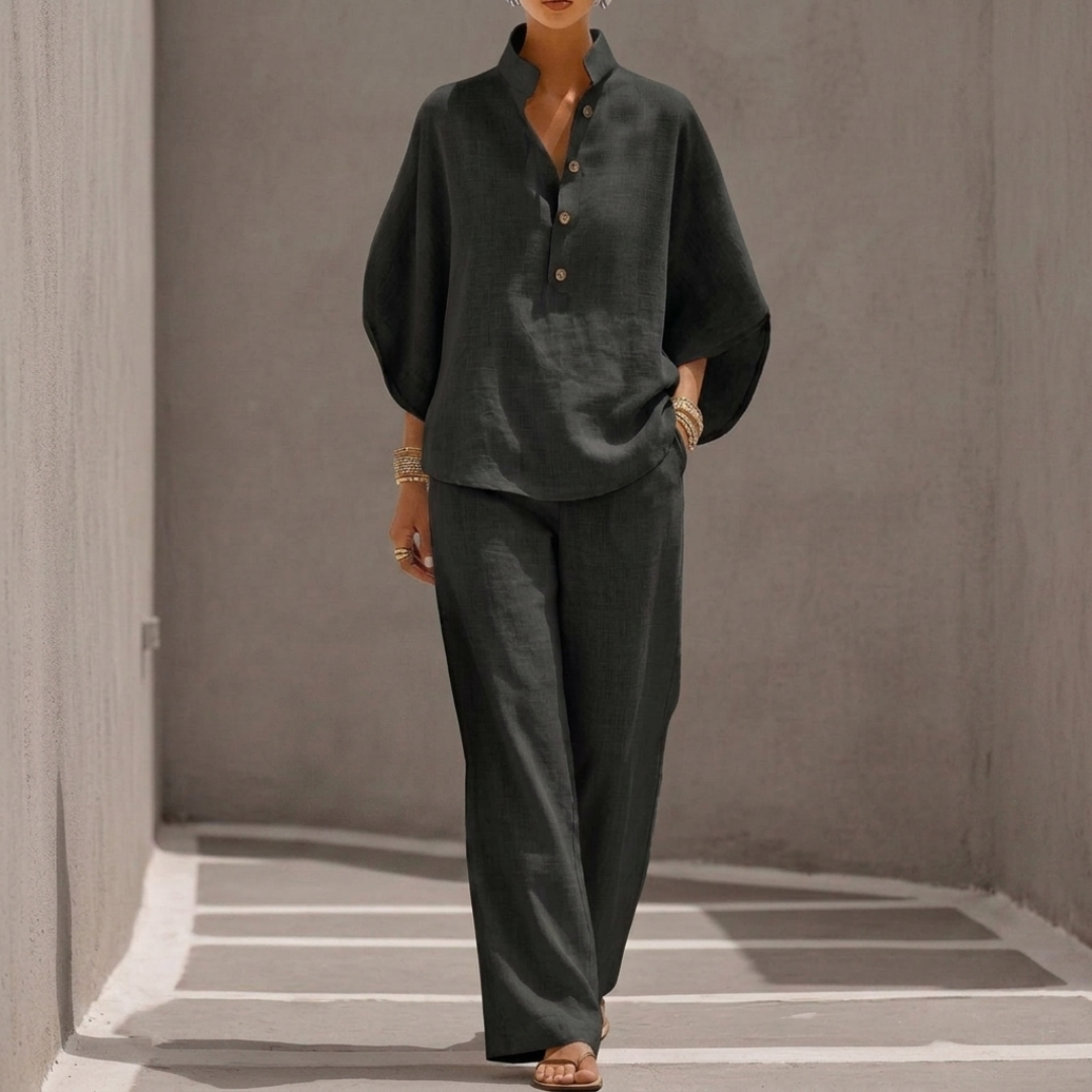 Ensemble femme noir, blouse col montant et pantalon large en lin coton doux