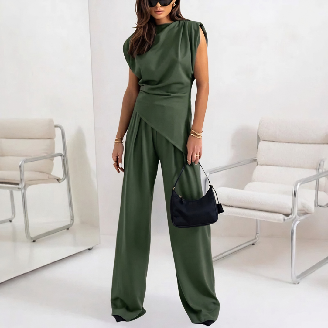 Ensemble deux pièces femme vert fonce, haut drapé sans manches et pantalon large