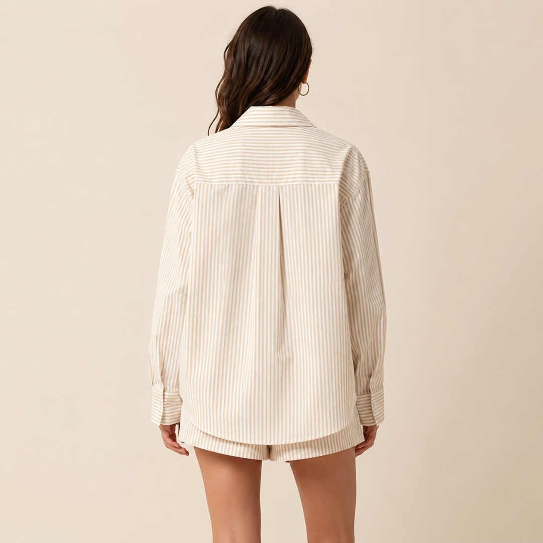 Chemise oversize abricot rayée manches longues portée de dos