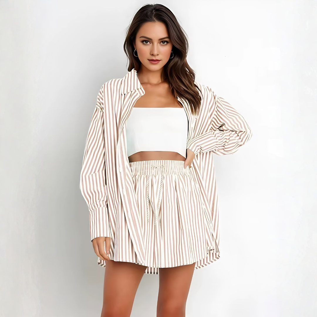 Ensemble deux pièces rayé abricot et blanc, look coordonné vue de face