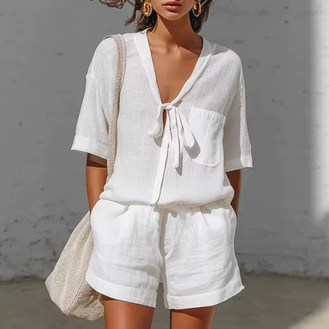 Ensemble deux pièces femme blanc, haut col V noué et short assorti