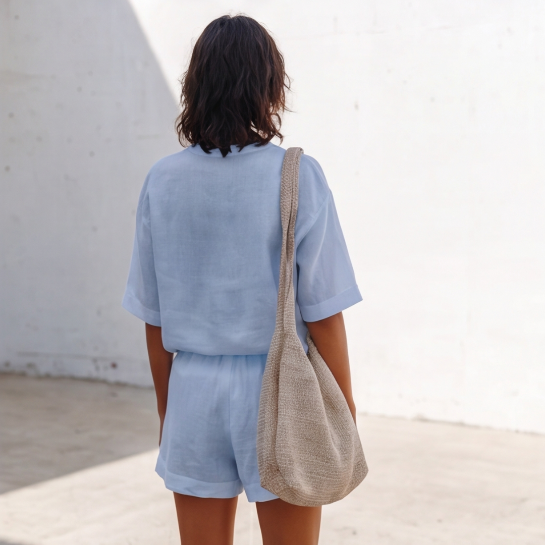 Look casual femme ensemble bleu, tenue complète vue d'ensemble