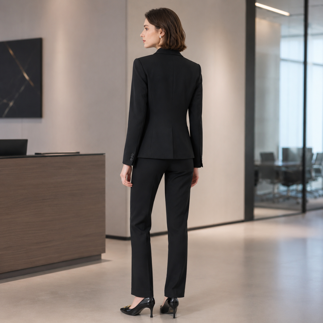Vue arrière du tailleur noir, veste ajustée et pantalon droit jusqu'à la cheville