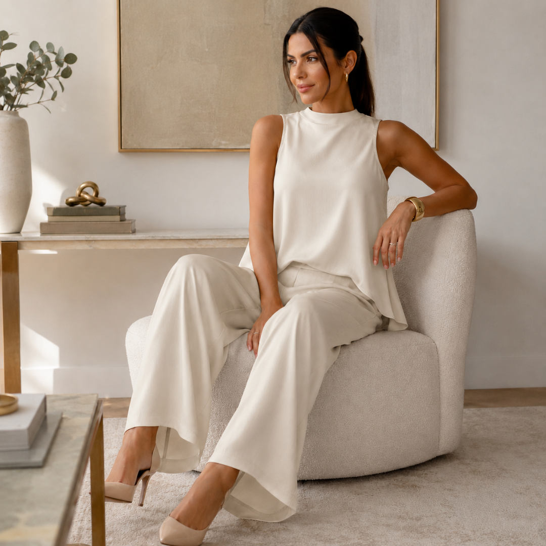 Femme assise en ensemble beige, col montant sans manches et jambes larges fluides