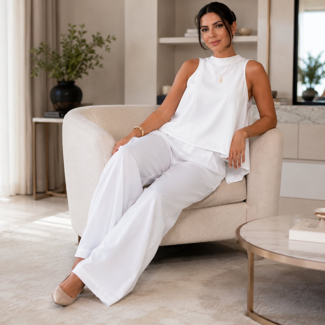 Femme assise en ensemble blanc, top à col montant et pantalon large fluide