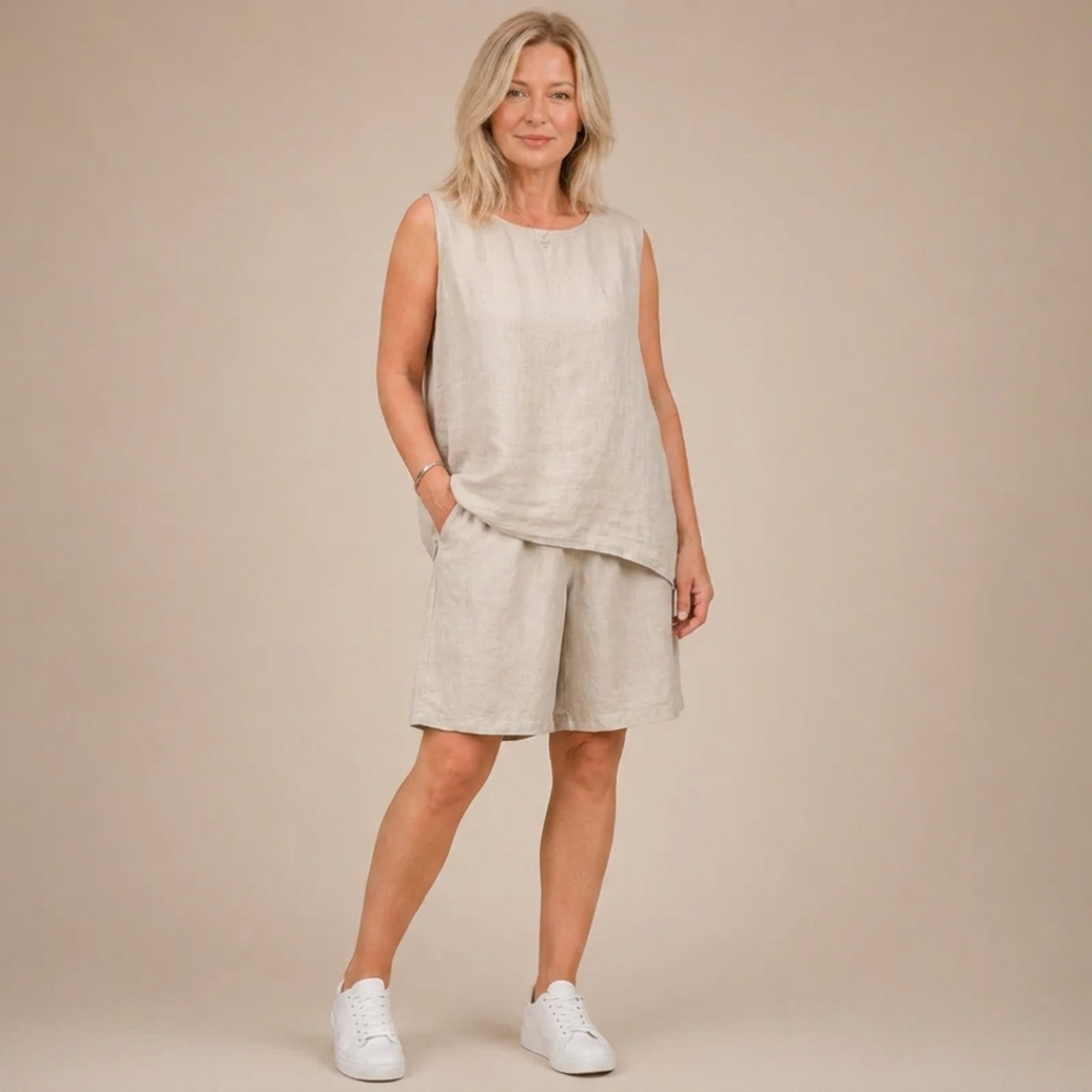 Ensemble crème femme top fluide et bermuda, vue trois quarts