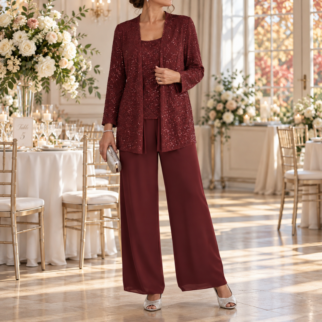 Ensemble bordeaux, veste pailletée à manches longues portée sur pantalon large
