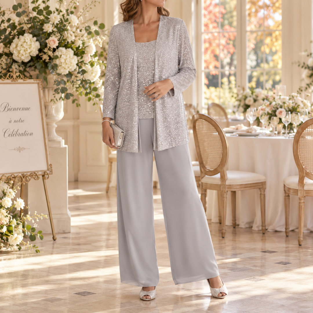 Ensemble gris clair scintillant, veste ouverte et pantalon large assorti