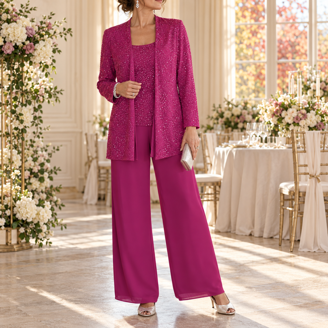 Ensemble rose vif, veste à sequins ouverte et pantalon large assorti