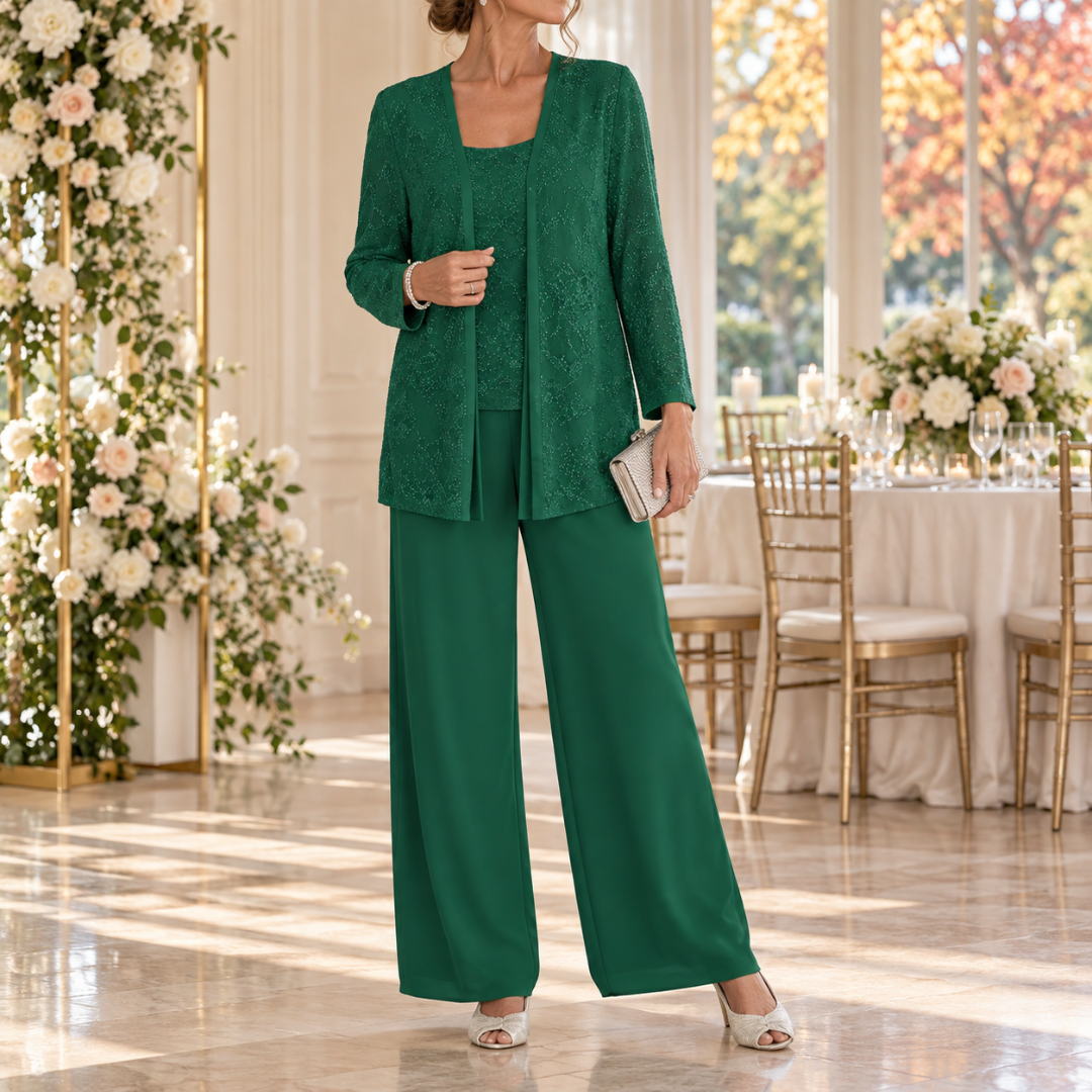 Ensemble vert sapin, veste ouverte texturée et pantalon large fluide