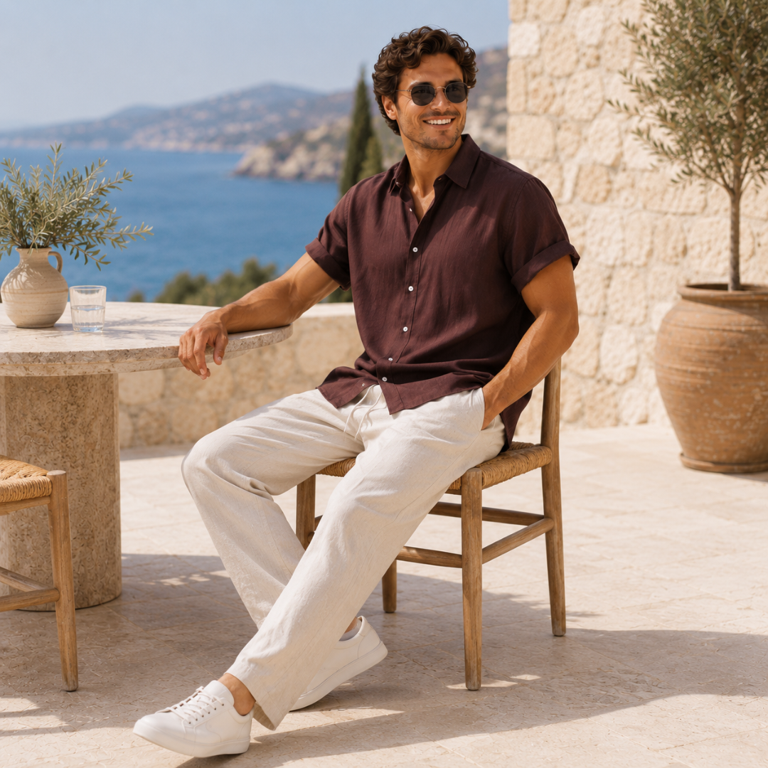 Homme assis en ensemble chemise bordeaux manches courtes et pantalon beige sur une terrasse