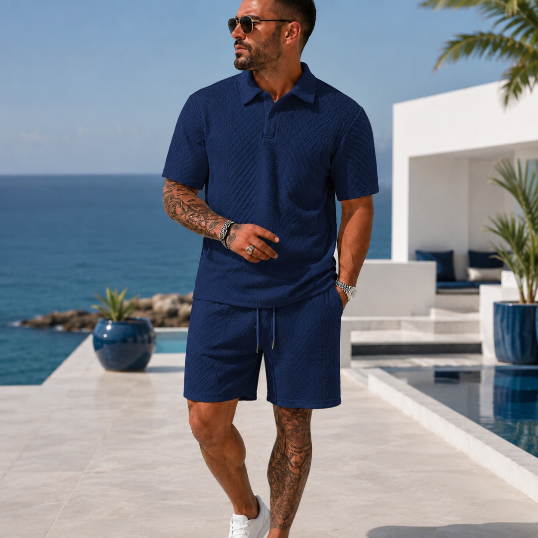Ensemble homme bleu marine polo col boutonné et short texturé, cadre moderne