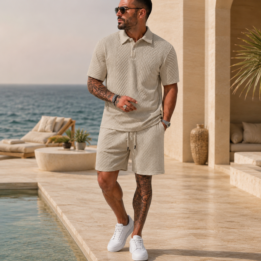 Ensemble homme kaki polo texturé et short, pose debout fond neutre