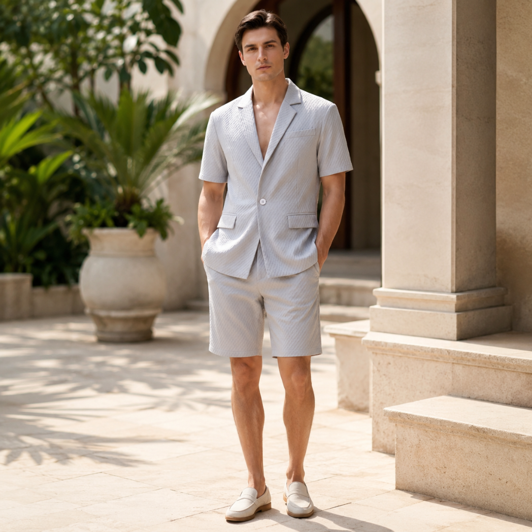 Ensemble homme gris blazer court et short, silhouette complète de face