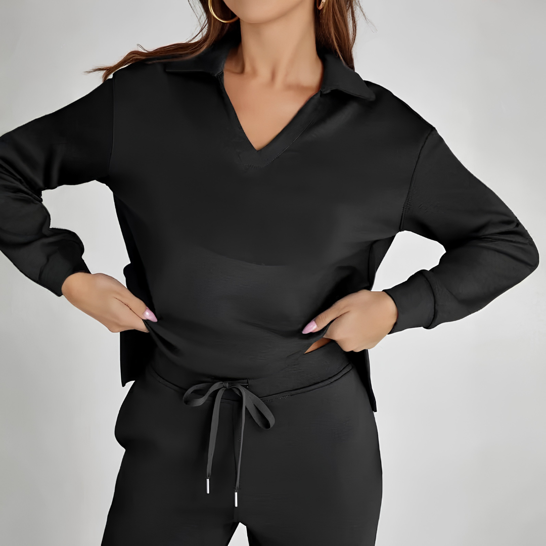 Ensemble Nova noir, détail haut col polo manches longues