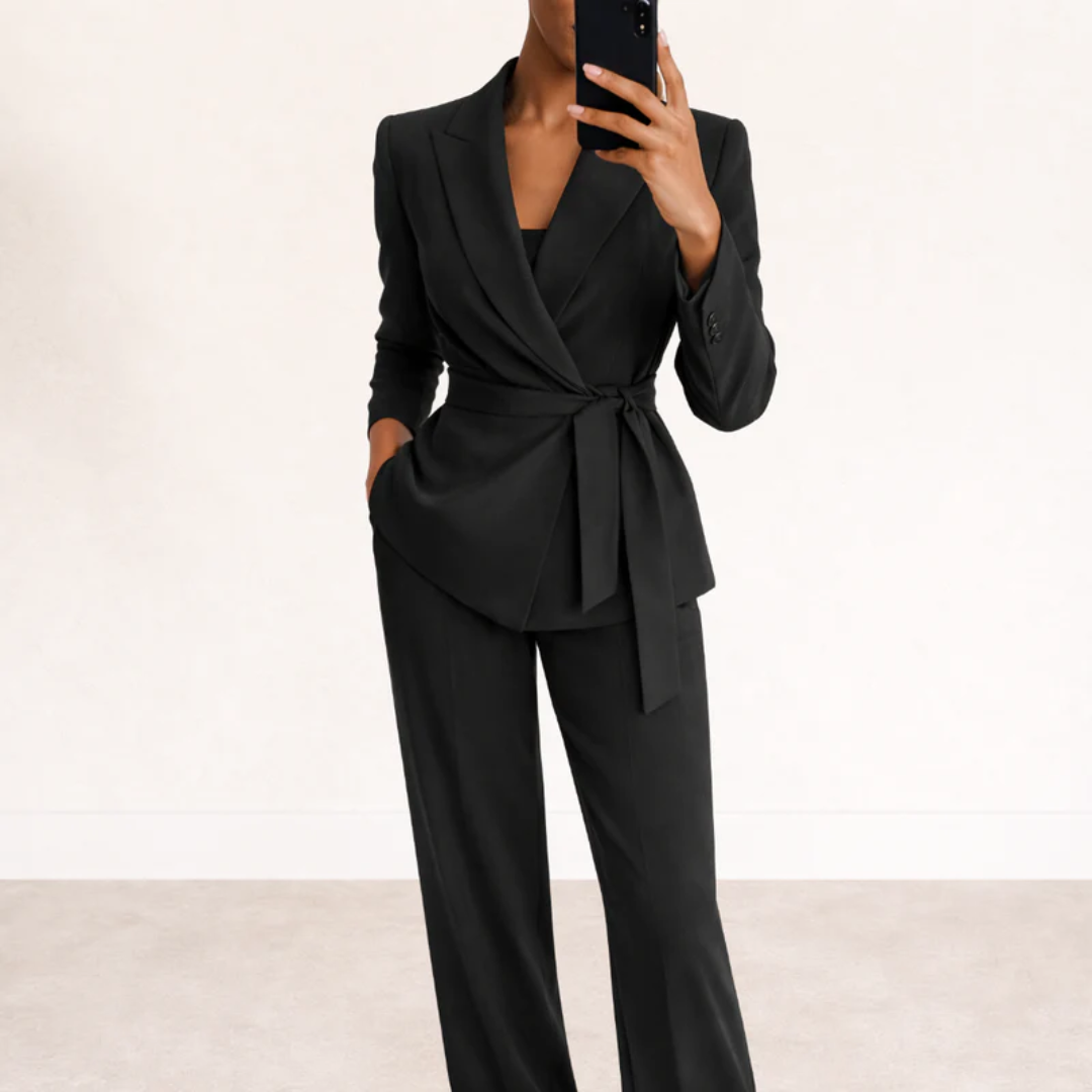 Ensemble tailleur femme noir blazer croisé ceinturé et pantalon large, vue de face