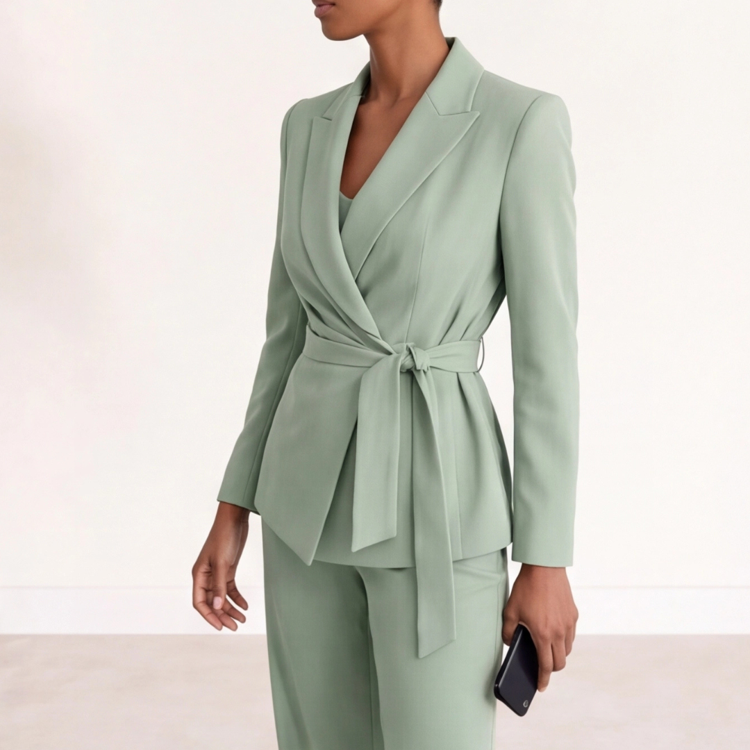Tailleur femme vert blazer croisé avec nœud ceinture, vue de trois quarts