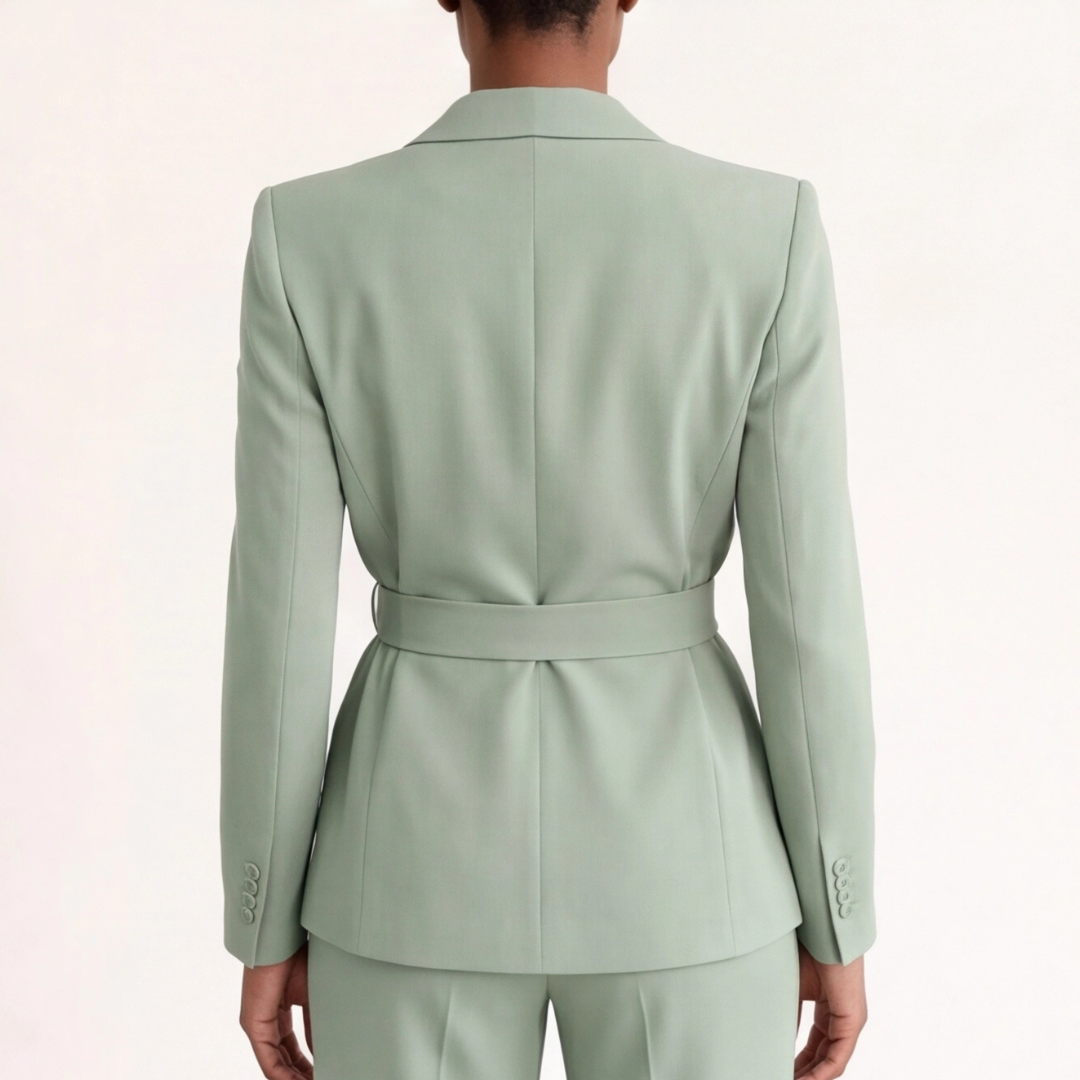Ensemble tailleur vert vue de dos, blazer ceinturé et pantalon ample