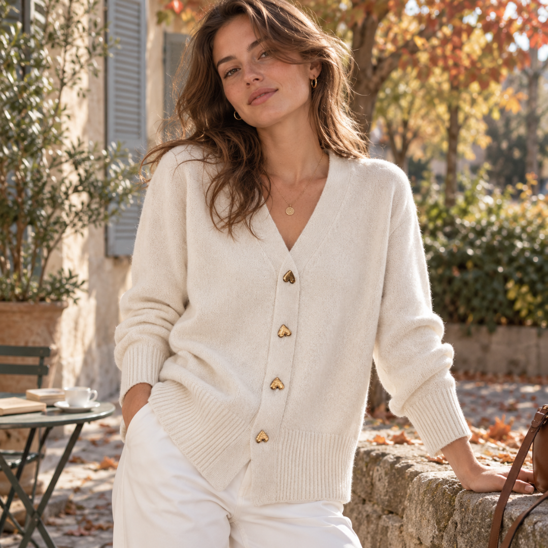 Gilet femme beige avec boutons cœurs dorés et bas côtelé, col V dégagé