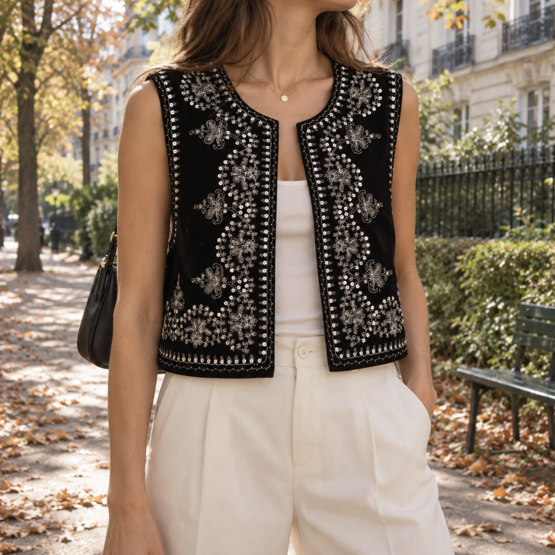 Gilet femme noir sans manches à broderies fleuries claires et bords perlés