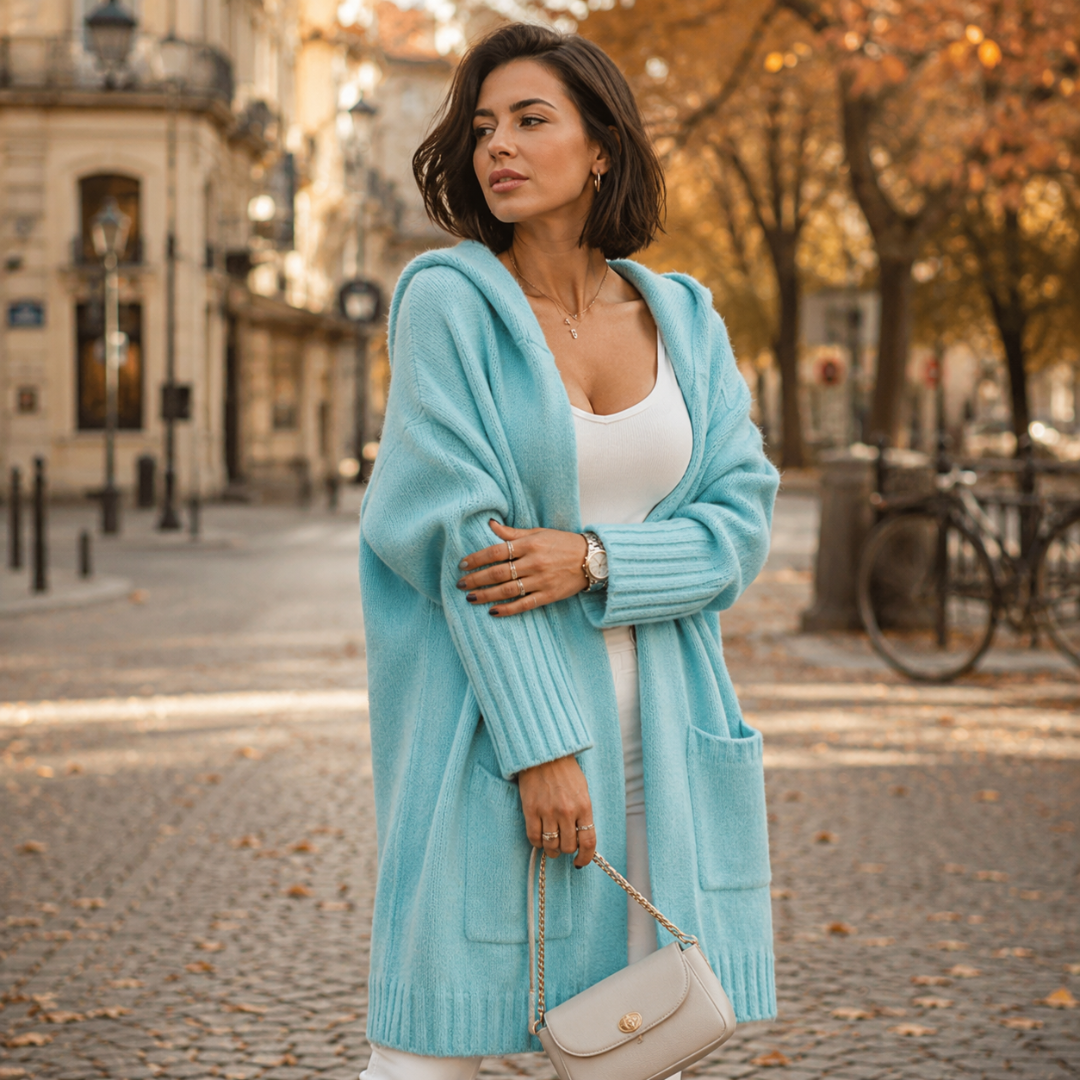 Gilet long bleu clair à capuche porté ouvert avec poches plaquées et poignets côtelés
