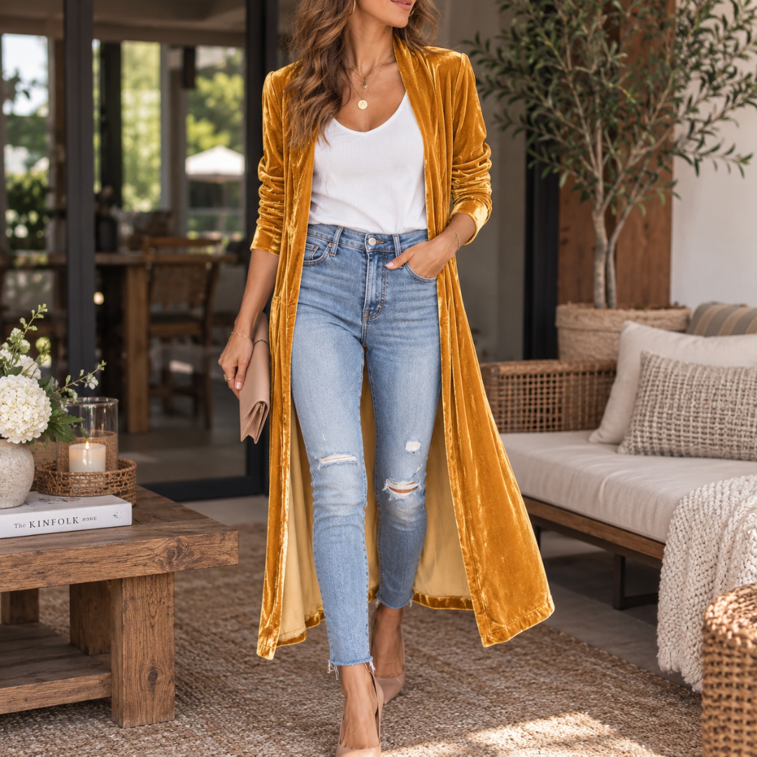 Gilet femme long jaune doré ouvert, col châle et manches longues