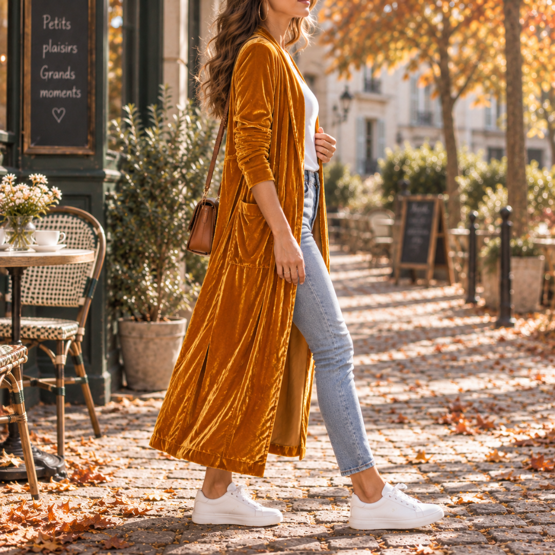 Profil du gilet long orange montrant la poche plaquée et la fente latérale