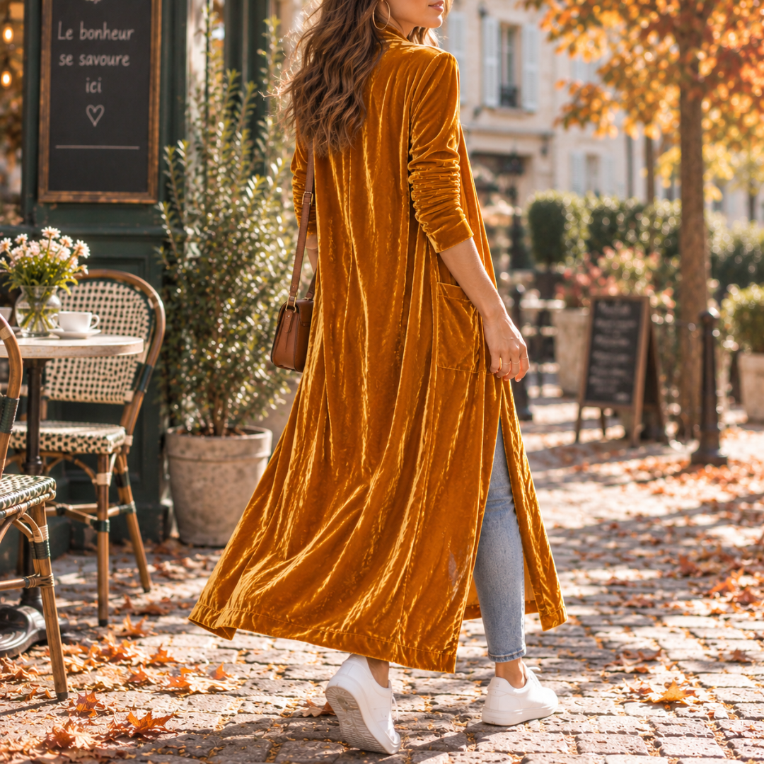 Gilet long orange de dos avec poche plaquée et fente latérale ouverte