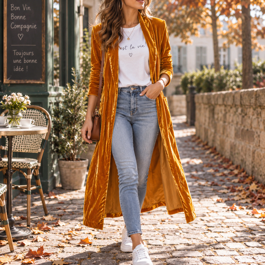 Gilet femme long orange ouvert sur un tee-shirt blanc et un pantalon clair