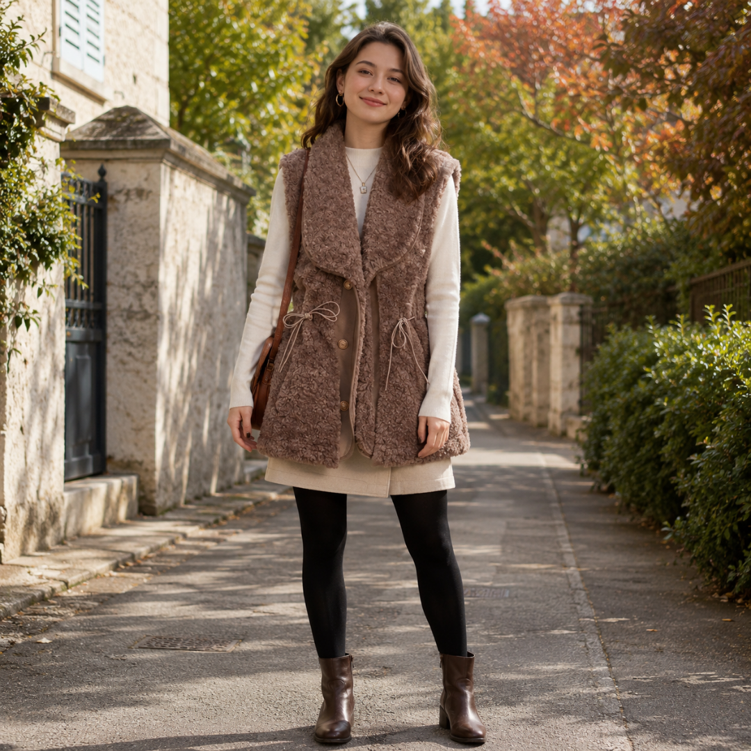 Gilet femme marron boutonné devant, poches plaquées et cordon à nouer