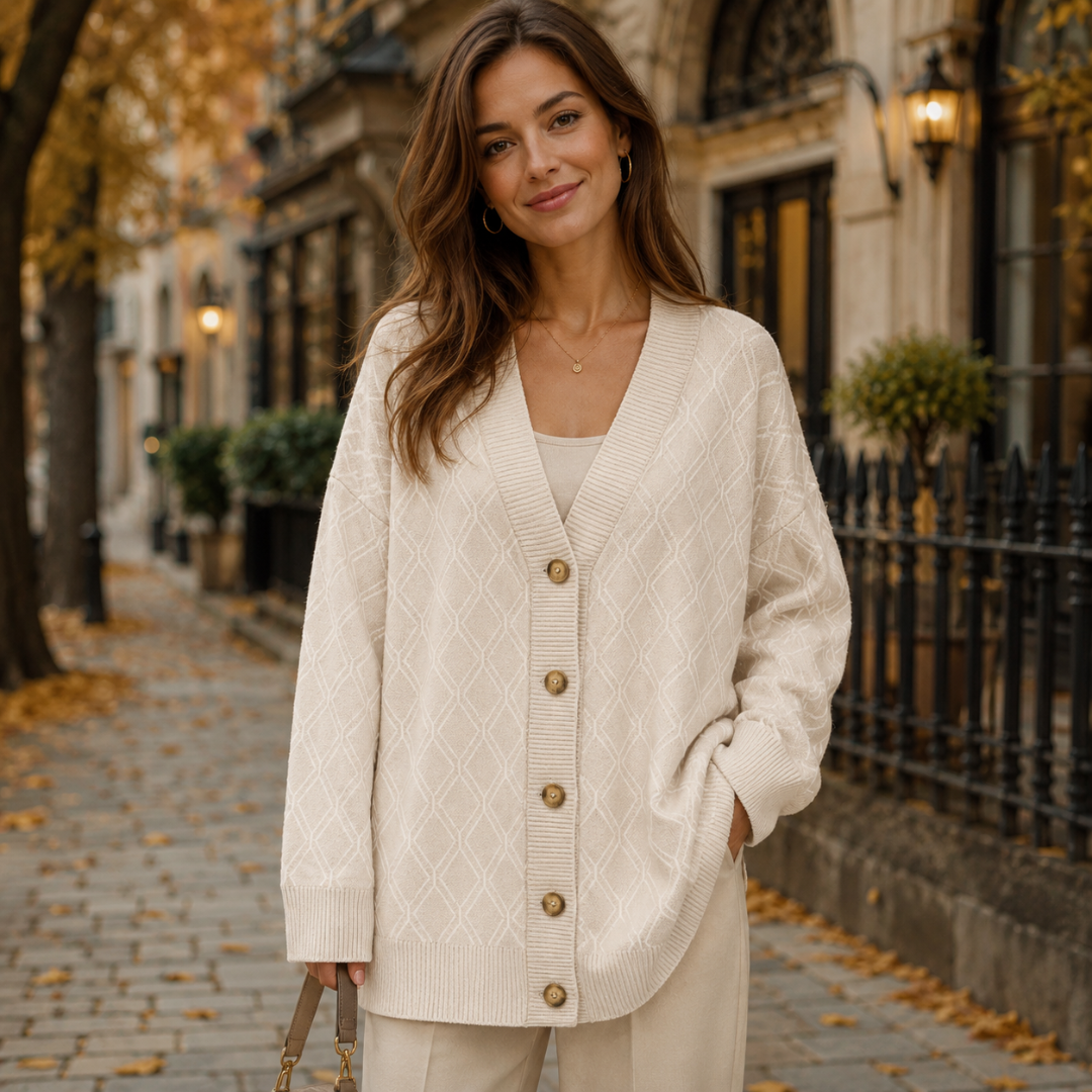 Gilet femme beige à losanges avec col V et boutons ton sur ton