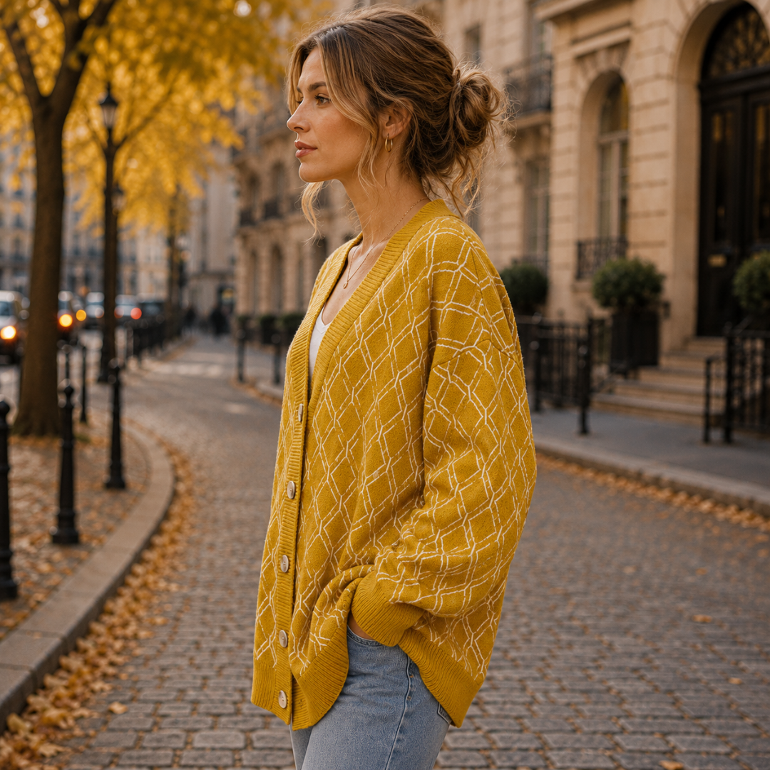 Vue de profil du gilet jaune à losanges avec boutonnage devant et manches longues