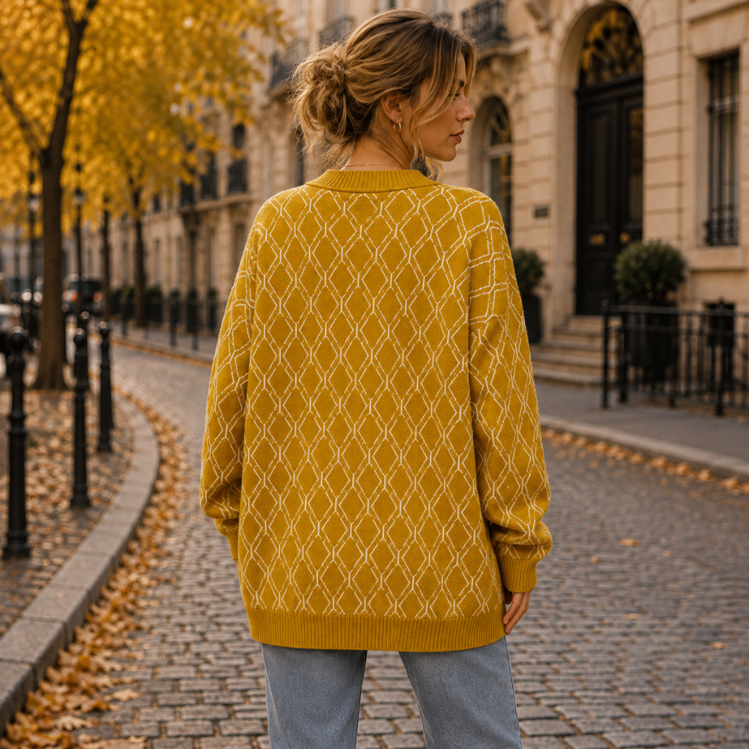 Dos du gilet femme jaune montrant le motif losanges et le bas côtelé