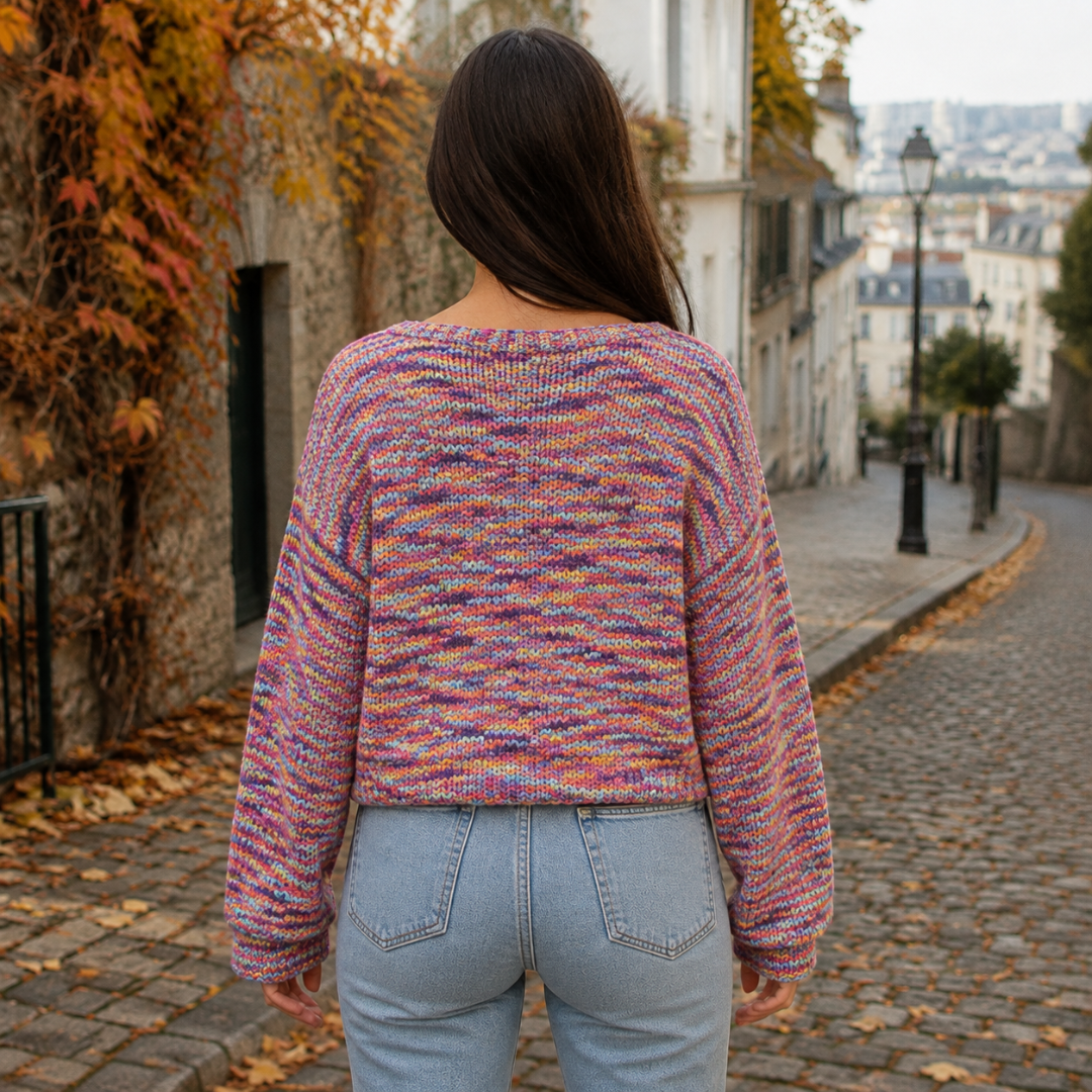 Dos du gilet femme en maille multicolore avec bas côtelé et épaules amples