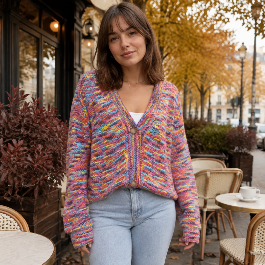 Gilet femme multicolore en maille tricotée, bordure côtelée du col V visible