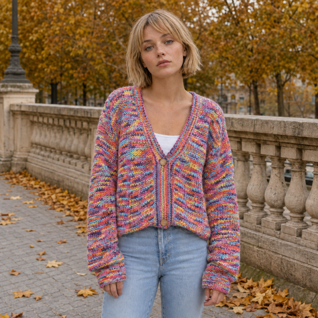 Gilet multicolore rose et bleu en maille, fermeture boutonnée et poignets côtelés