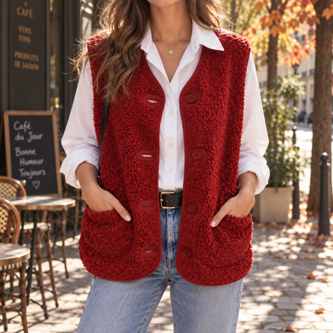 Gilet femme sans manches rouge à gros boutons ronds et poches plaquées