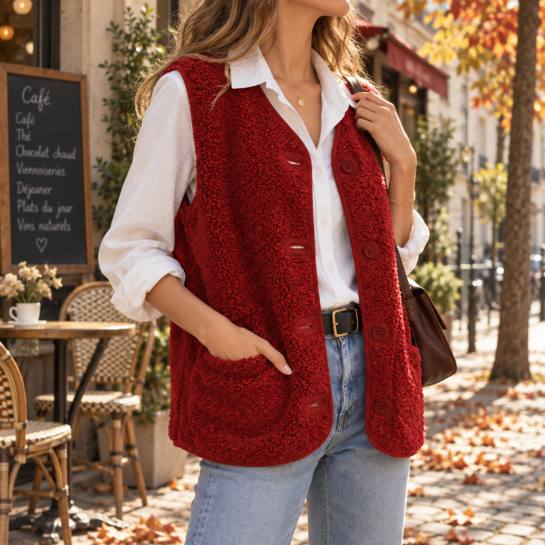 Gilet sans manches rouge porté ouvert sur une chemise blanche en extérieur