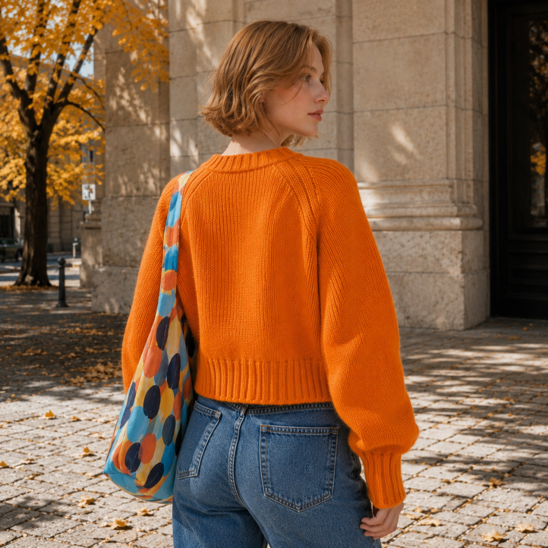 Dos du gilet femme orange en maille avec bande de taille côtelée